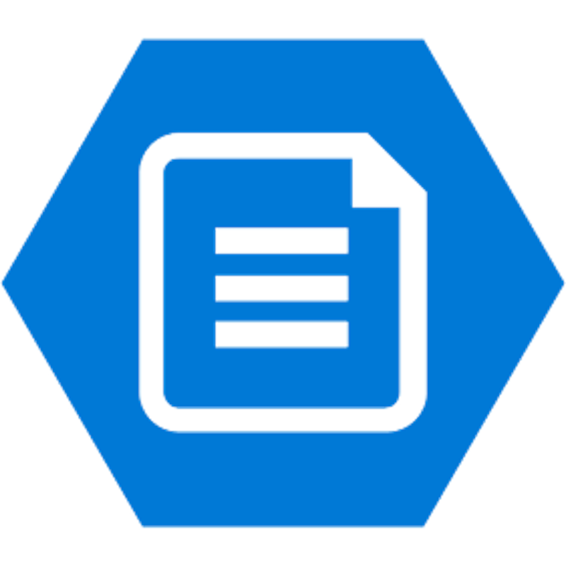 Icon mit stilisiertem Dokument und Linien in Weiß auf blauem Hexagon-Hintergrund