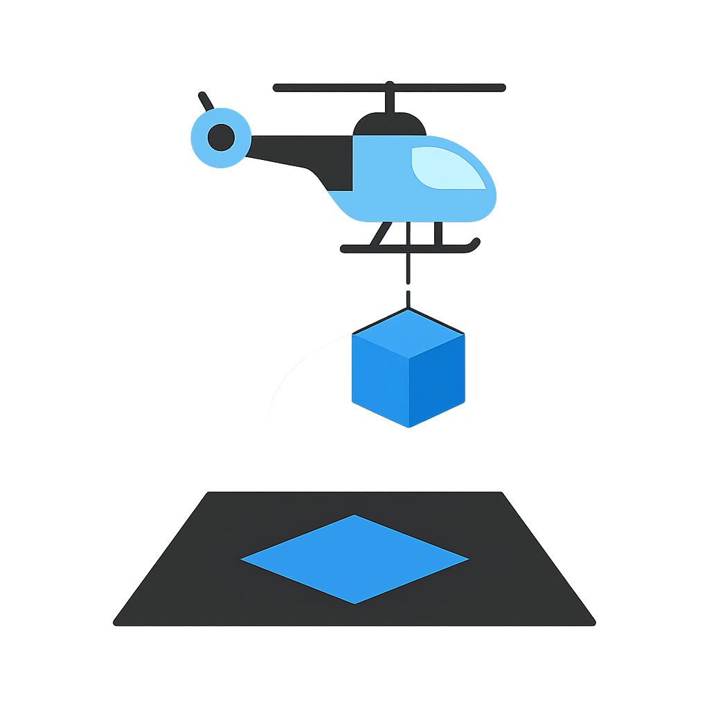 Ein blauer Helikopter transportiert einen blauen Würfel über einer Plattform, symbolisiert die IT-Sicherheit mit Azure.