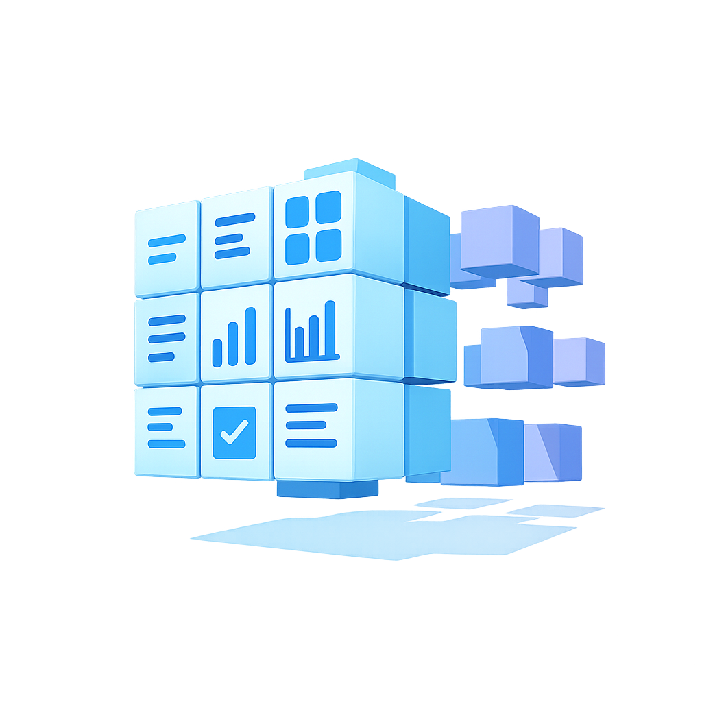 Ein schwebender, digitaler Würfel zeigt Symbole für IT-Sicherheit und Compliance, inspiriert von CodeKlar.