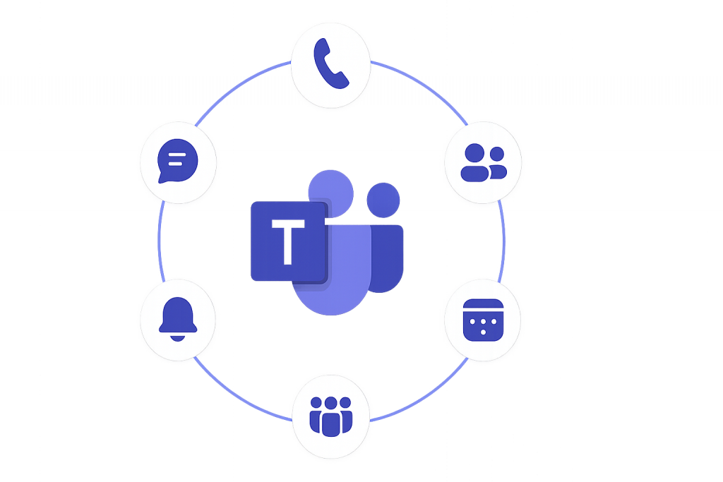 Das Bild zeigt Microsoft Teams mit Symbolen, die Funktionen für Kommunikation und Zusammenarbeit in der IT Sicherheit darstellen.