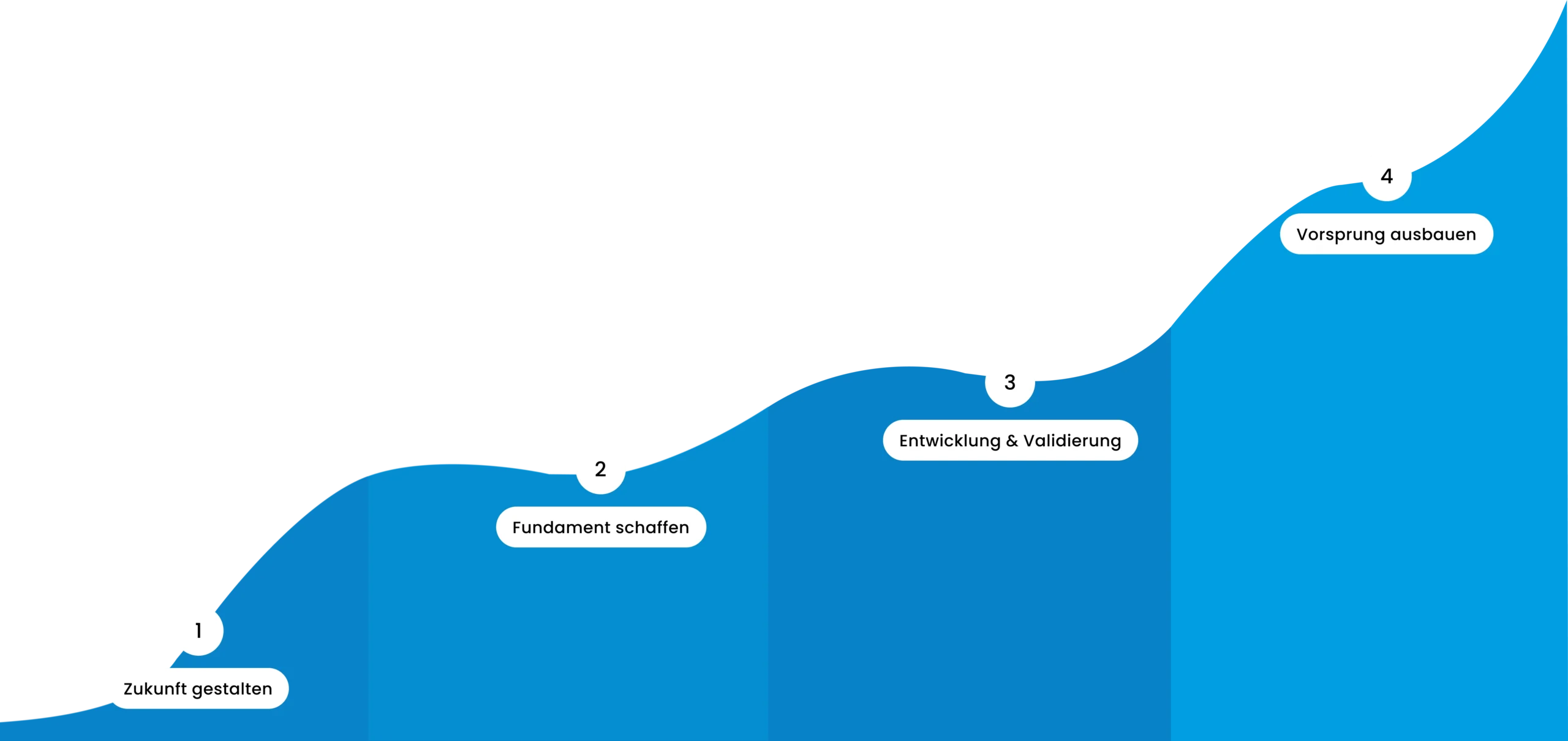 Ein grafisches Diagramm zeigt die vier Schritte zur Zukunftsgestaltung in verschiedenen Blau-Tönen.