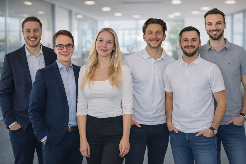 Das Team von CodeKlar lächelt auf einem Gruppenfoto in einem modernen Büro, spezialisiert auf IT-Sicherheit.