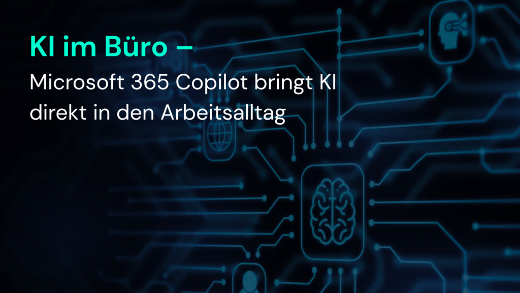 Das Bild zeigt eine grafische Darstellung von IT-Netzwerken, die Microsoft 365 und KI im Büro veranschaulichen.