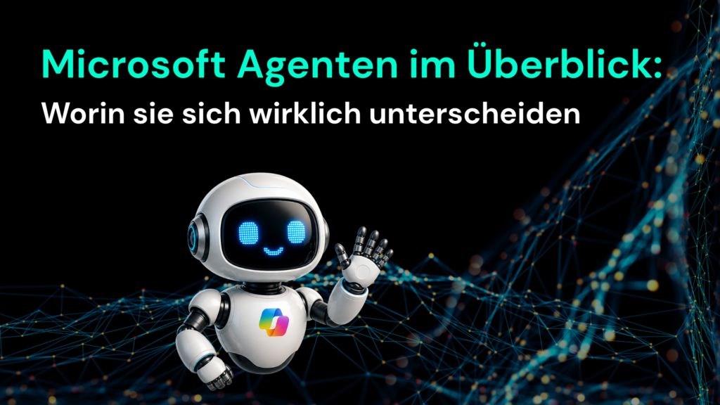 Ein animierter Roboter präsentiert Microsoft Agenten und deren Unterschiede vor einem dynamischen, digitalen Hintergrund.