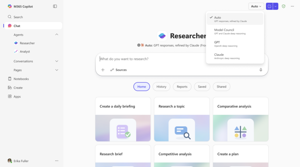 Die Benutzeroberfläche von Microsoft 365 Copilot zeigt die Funktionen des Researcher-Agenten, unterstützt von CodeKlar GmbH.