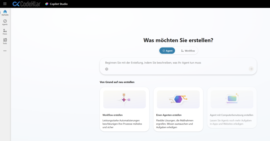 Ein Benutzer erstellt mit Copilot Studio von CodeKlar GmbH einen Agenten zur Automatisierung von IT-Prozessen in Microsoft 365.