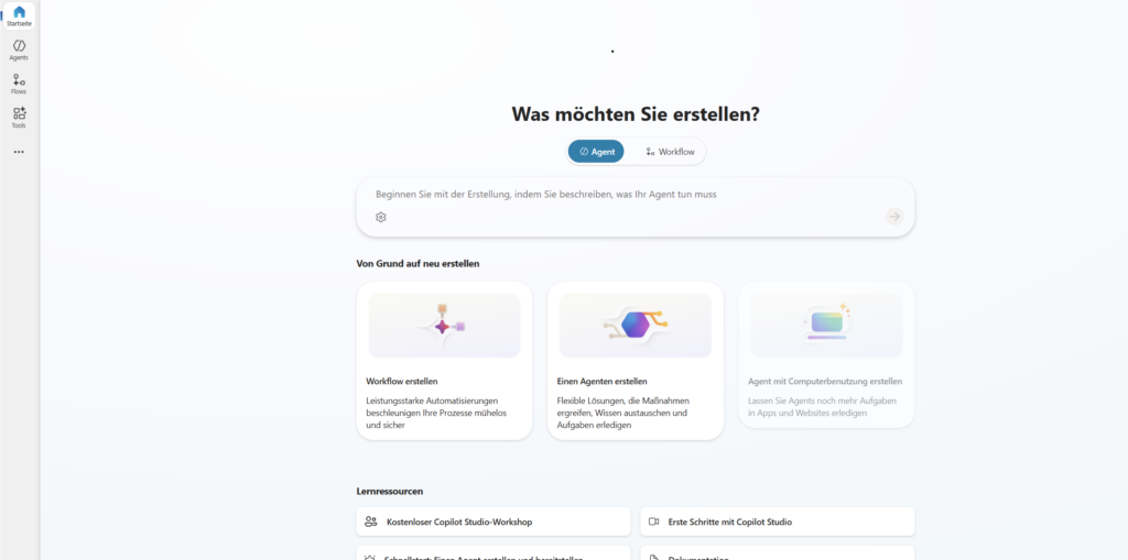 Der Bildschirm zeigt die Benutzeroberfläche von Copilot Studio 2, wo Nutzer Agenten und Workflows für Microsoft 365 erstellen können.