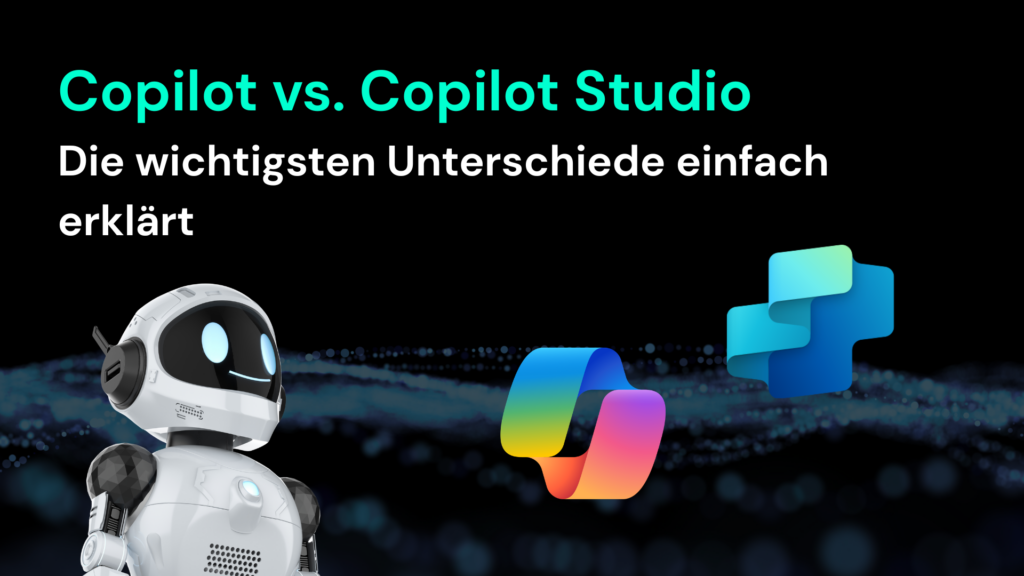 Ein Roboter und zwei Symbole veranschaulichen die Unterschiede zwischen Copilot und Copilot Studio für IT-Lösungen von CodeKlar GmbH.