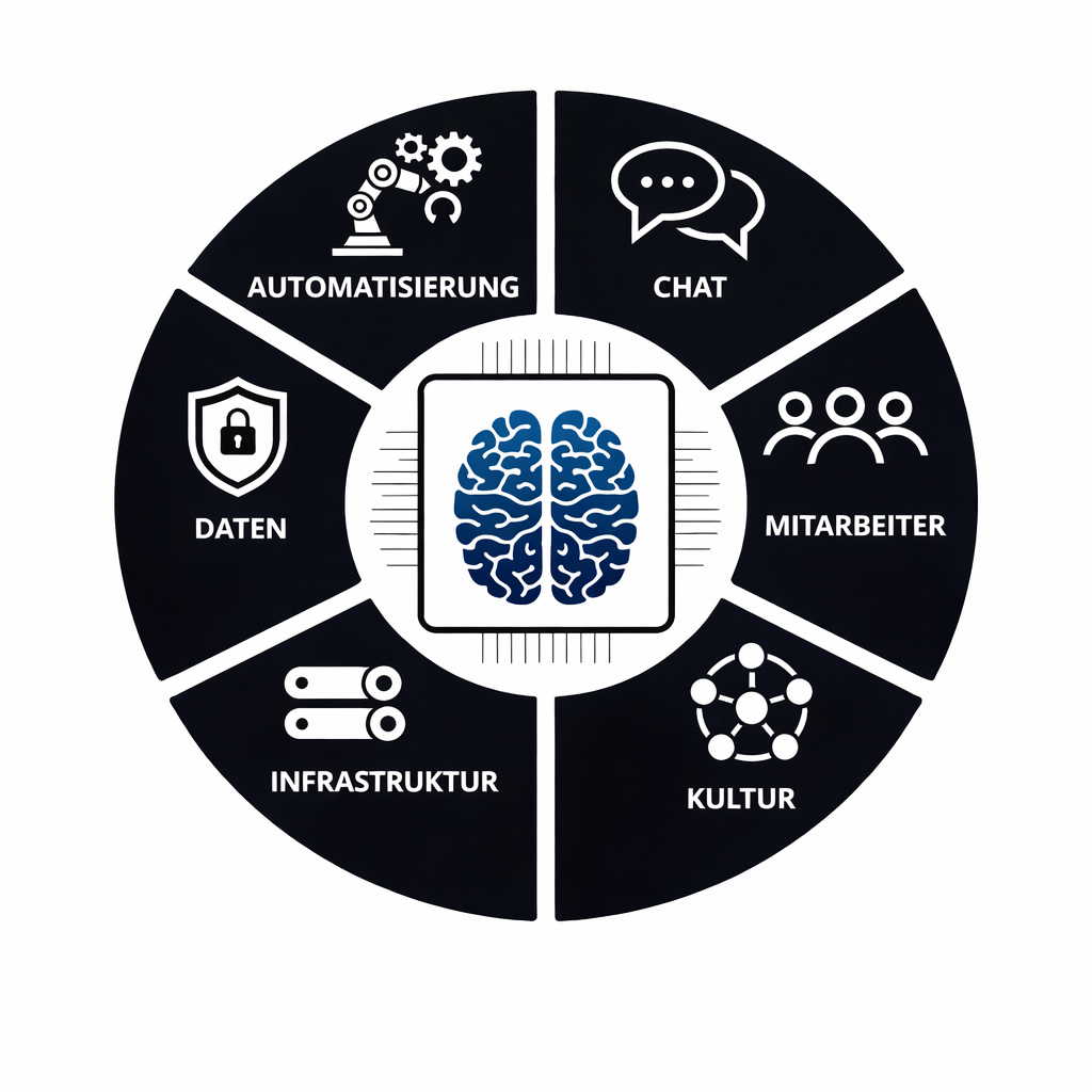Ein grafisches Diagramm zeigt die Erfolgsfaktoren von CodeKlar GmbH in Bereichen wie Daten, Automatisierung und Kultur für IT-Optimierung.