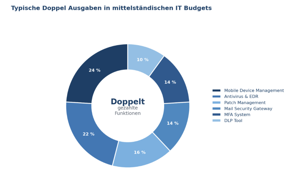 Ein Diagramm zeigt typische doppelte Ausgaben in IT-Budgets, illustriert von CodeKlar GmbH, mit Fokus auf Microsoft 365 und Azure.