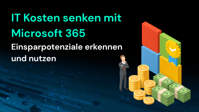 Ein Geschäftsmann steht neben Münzen und Grafiken, um zu zeigen, wie man IT-Kosten mit Microsoft 365 senken kann.