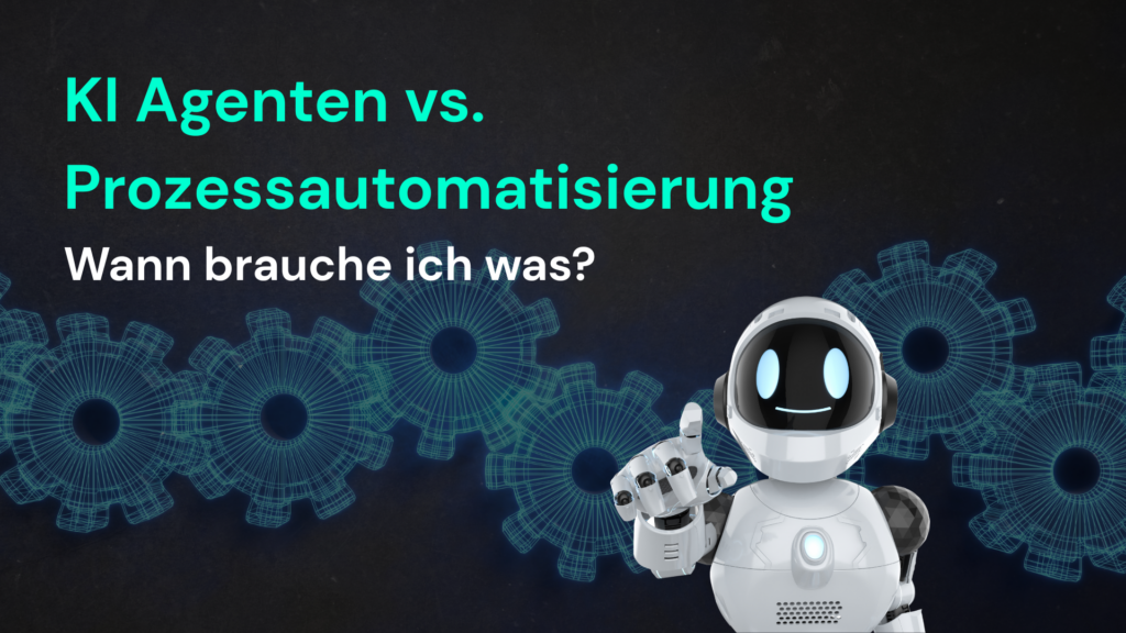Ein roboterähnlicher KI-Agent hebt den Finger vor einem Hintergrund mit Zahnrädern, symbolisiert KI-Agenten vs. Prozessautomatisierung.