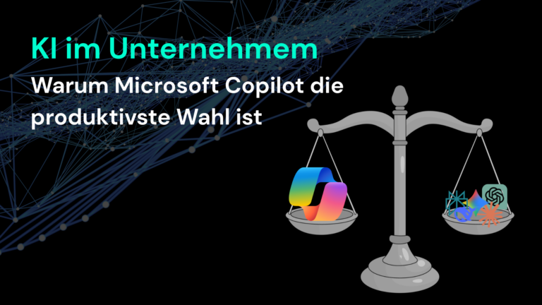 Eine Waage mit Symbolen, die die Vorteile von KI im Unternehmen und Microsoft 365 Copilot hervorheben, steht im Fokus.