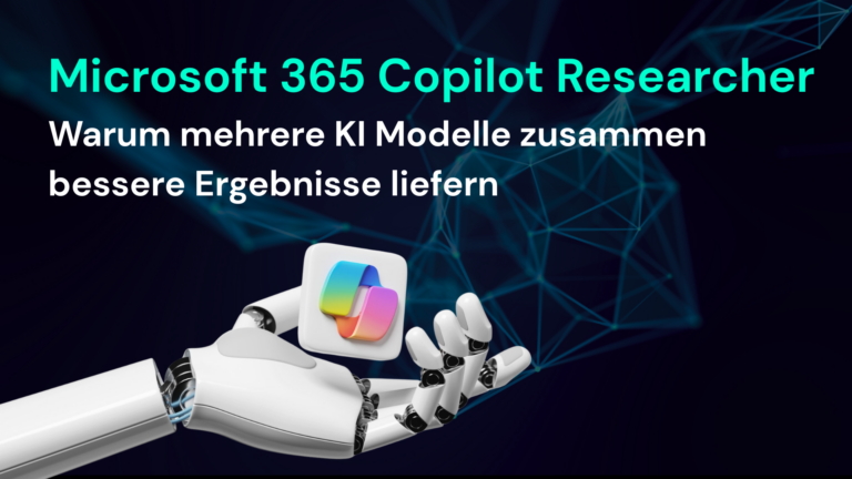 Ein Roboterarm hält ein Symbol von Microsoft 365 Copilot Researcher und veranschaulicht KI-gestützte Zusammenarbeit in der IT.