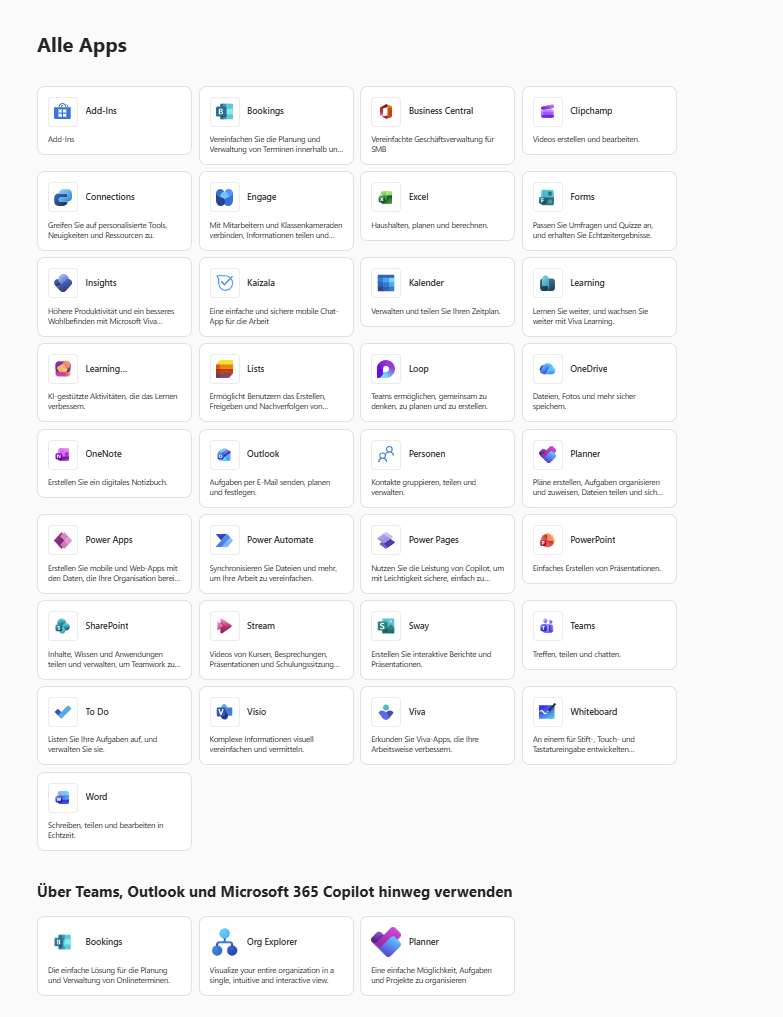 Eine Übersicht der Microsoft-Apps von CodeKlar GmbH zeigt Lösungen für Microsoft 365 und Azure zur Optimierung der IT.