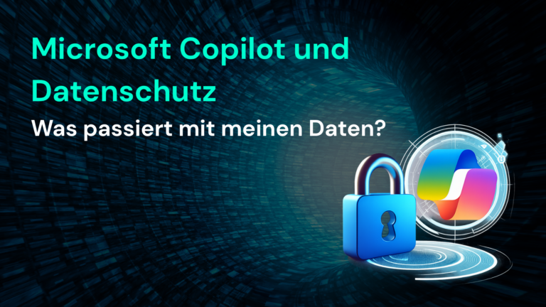 Grafik zur Diskussion über Microsoft Copilot und Datenschutz, mit einem Schlosssymbol und modernen IT-Elementen | © CodeKlar GmbH.