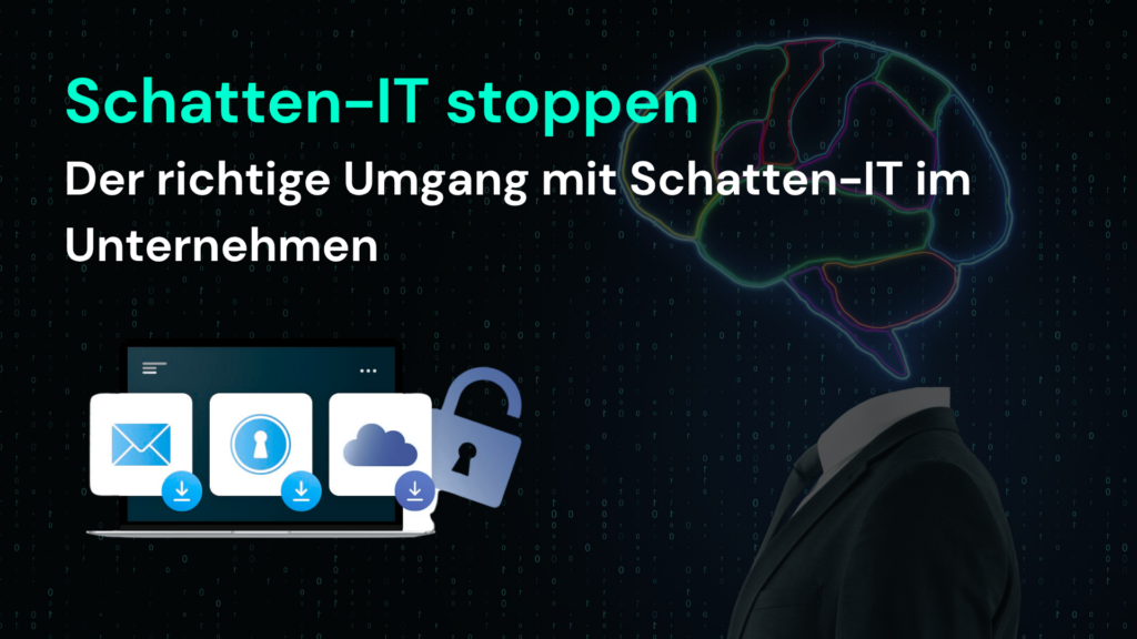 Ein stilisierter Kopf mit digitalen Mustern über einem Laptop zeigt den Umgang mit Schatten-IT und Microsoft 365 Lösungen.