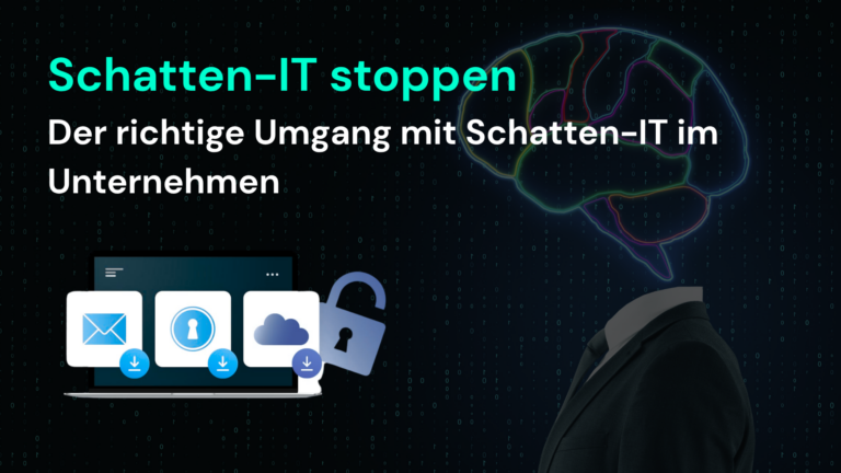 Ein stilisierter Kopf mit digitalen Mustern über einem Laptop zeigt den Umgang mit Schatten-IT und Microsoft 365 Lösungen.