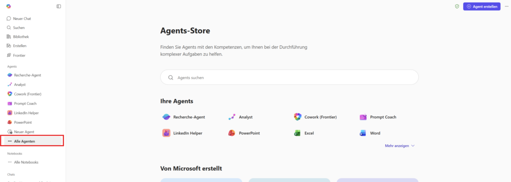 Der Agent-Store von CodeKlar GmbH zeigt verschiedene IT-Agenten für Microsoft 365 und Azure zur Unterstützung komplexer Aufgaben.