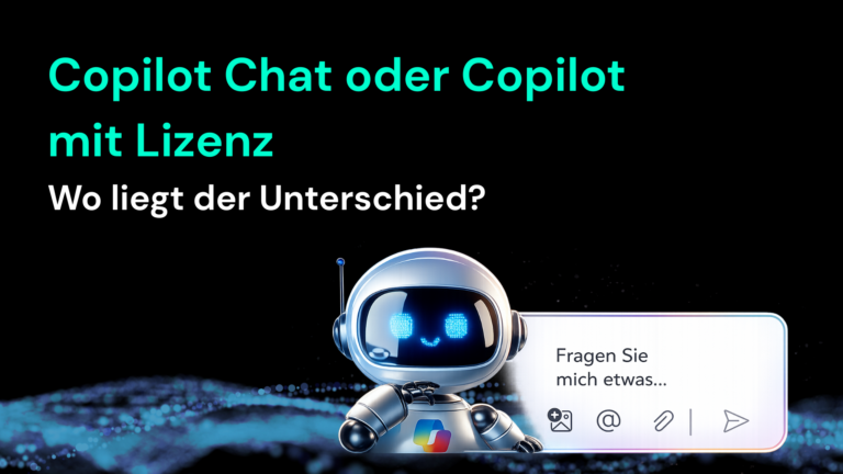 Ein futuristischer Roboter diskutiert den Unterschied zwischen Copilot-Chat und lizenziertem Copilot für Microsoft 365.