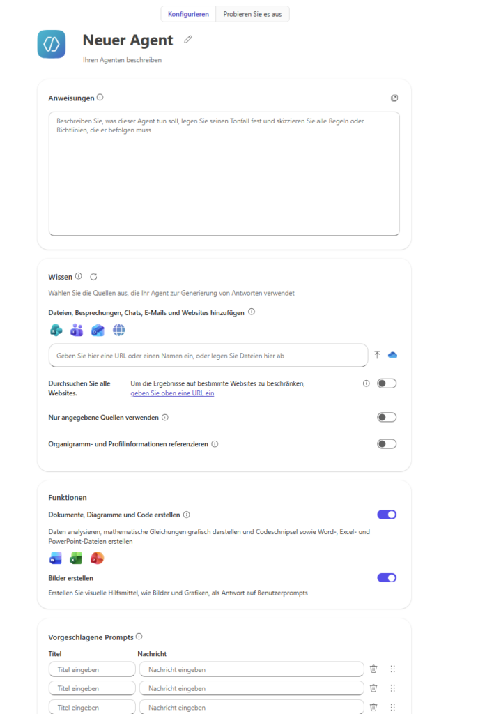 Ein neuer Agent wird im Microsoft 365 Copilot-Interface konfiguriert, um IT-Prozesse effizienter zu gestalten.