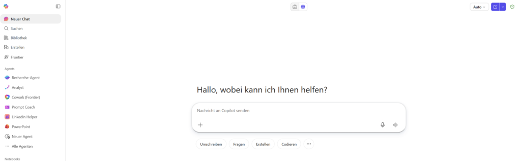 Ein Bildschirm zeigt die Benutzeroberfläche von Copilot-Chat mit einer Eingabezeile zur Interaktion in Microsoft 365.