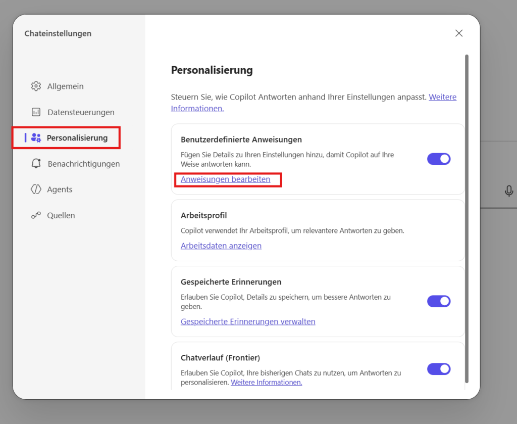 Einstellungen zur Personalisierung ermöglichen es Nutzern, Microsoft 365 Copilot individuell anzupassen und zu optimieren.