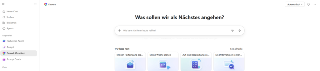 Die Cowork-Oberfläche von CodeKlar zeigt Aufgabenplanung und Unterstützung durch Microsoft 365 und Azure.