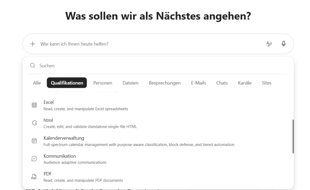 Suchoberfläche von Microsoft 365 zeigt verschiedene Qualifikationen wie Excel und Kalendermanagement | © CodeKlar GmbH