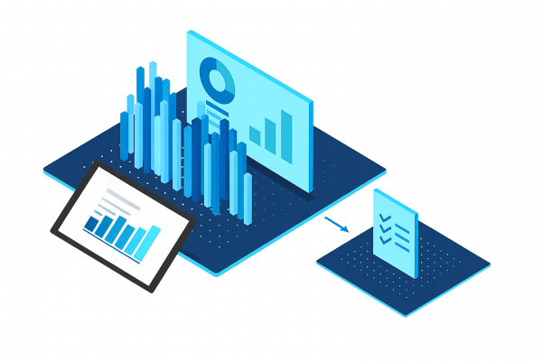 Dreidimensionale Grafiken von Diagrammen und Dokumenten symbolisieren IT-Sicherheit mit Microsoft Azure bei CodeKlar.