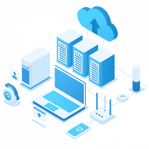 Ein stilisiertes IT-Systemhaus zeigt Server, Laptop und Cloud-Backup, betont IT-Sicherheit mit CodeKlar.