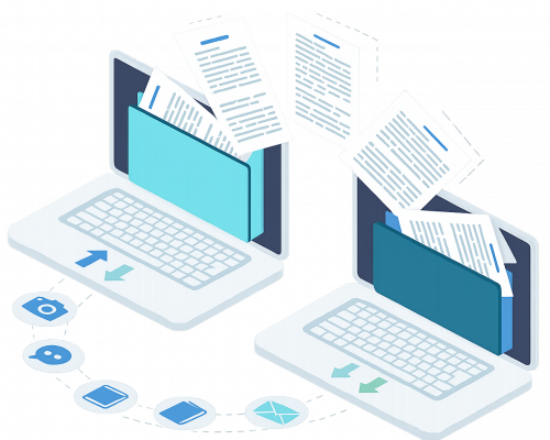 Zwei Laptops tauschen digital Dokumente aus, was eine E-Mail-Migration bei CodeKlar symbolisiert.