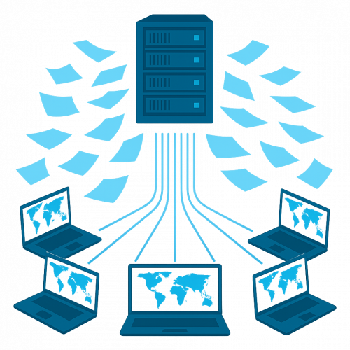 Ein zentraler Server verteilt Daten an mehrere Laptops, was die Effizienz in der IT Sicherheit bei CodeKlar erhöht.