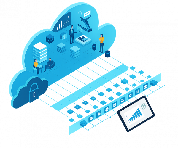 Eine Illustration zeigt eine IT-Sicherheitsumgebung mit Menschen und Servern in einer stilisierten Cloud von CodeKlar.
